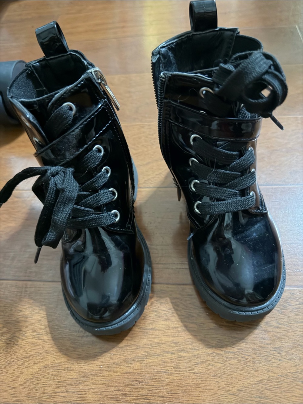 Kids Black Patent Lace-Up Boots